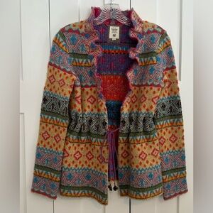 Thursday Island Boho Wool Blend Tie Cardigan with Metal Elephant Accents S